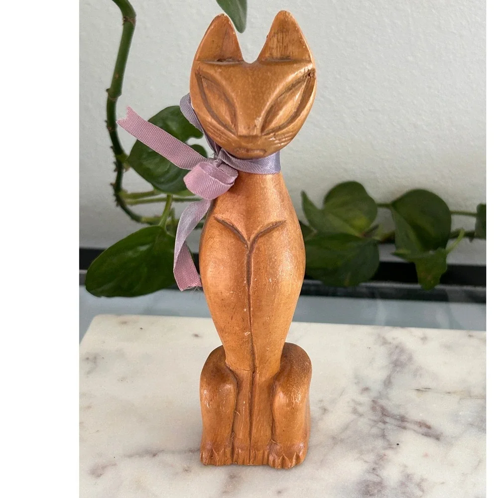 Vintage Mid Century Modern Hand Carved Wooden Cat Figurine MCM Feline Statue 6